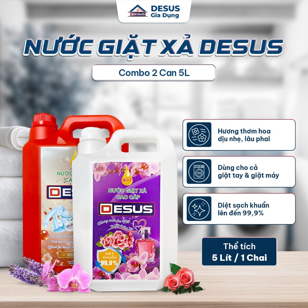[Combo 2 Can 5L] Nước Giặt Xả Desus Hương Ngàn Hoa/Nước Hoa Thơm Lâu 72H, Giặt Sạch Sâu, Mềm Vải