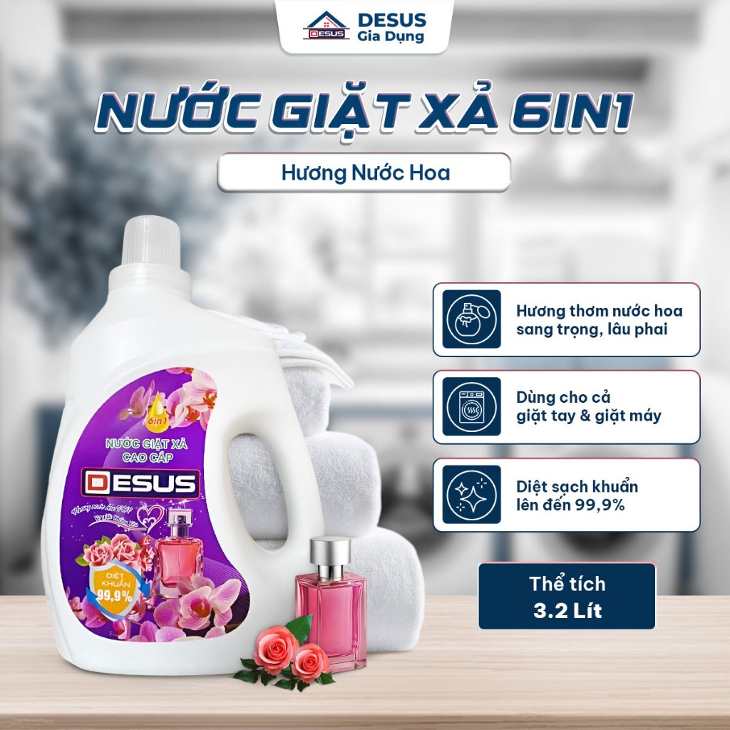 Nước Giặt Xả Desus 6in1 Can 3.2L Hương Ngàn Hoa/Nước Hoa Thơm Lâu 72H, Giặt Sạch Sâu, Giặt Tay & Máy