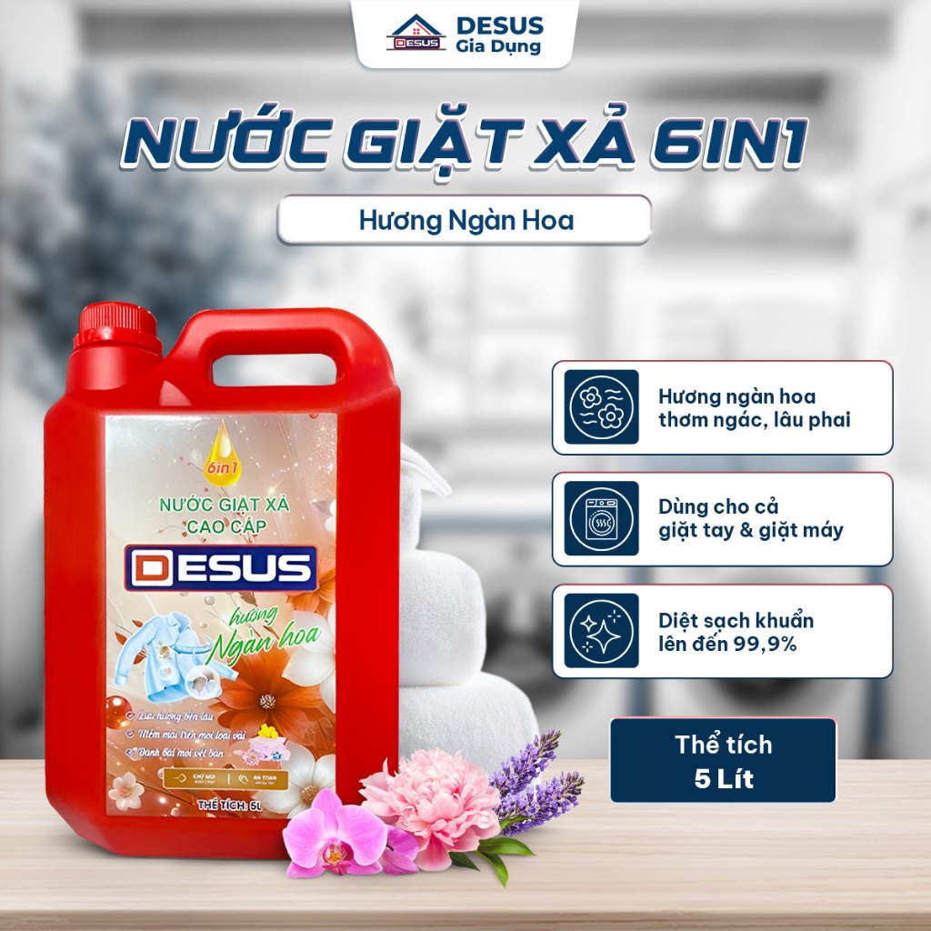 Nước Giặt Xả Desus 6in1 Can 5L - Hương Ngàn Hoa/Nước Hoa Thơm Lâu Giặt Sạch Sâu, Dùng Giặt Tay & Máy