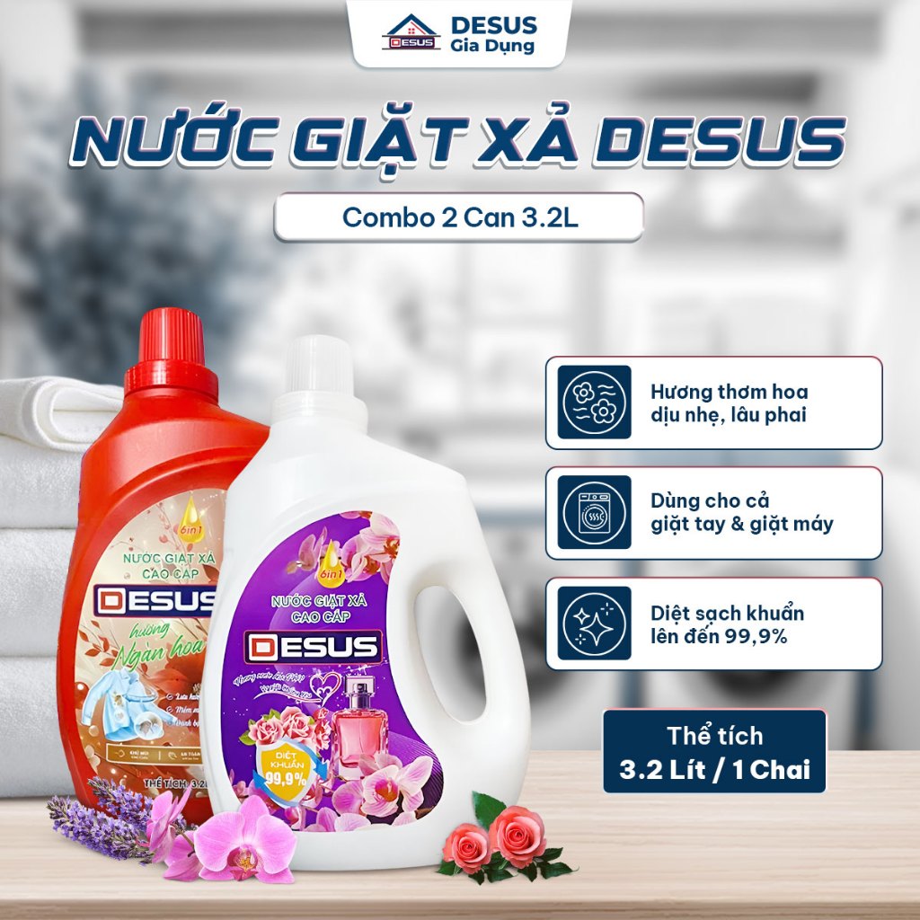 Nước Giặt Xả Desus Can 3.2L Hương Ngàn Hoa Thơm Lâu, Giặt Sạch Sâu, Mềm Vải 2in1 Dùng Giặt Tay & Máy