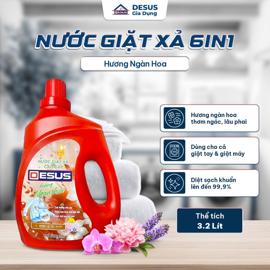 Nước Giặt Xả Desus Can 3.2L - Hương Nước Hoa/Ngàn Hoa Thơm Lâu, Giặt Sạch Sâu, Dùng Giặt Tay & Máy