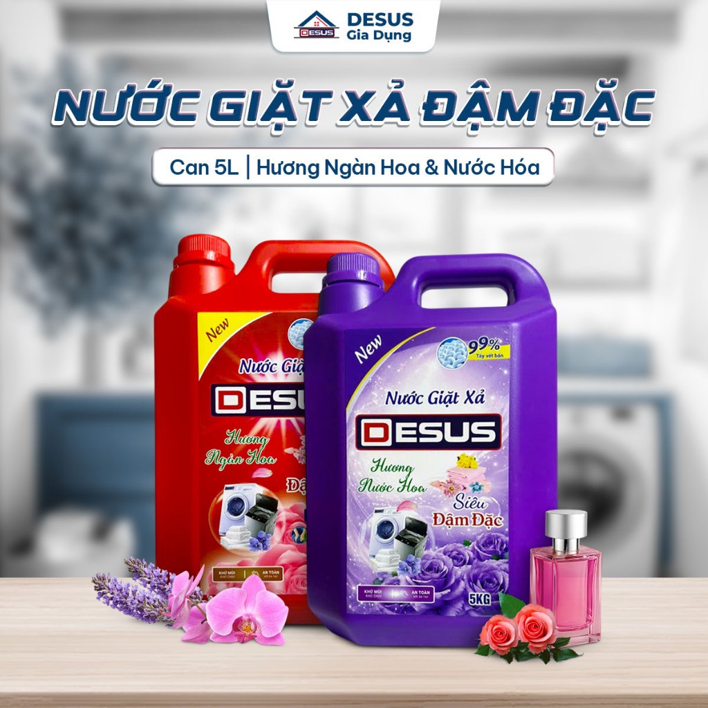 Nước Giặt Xả Desus Can 5kg Siêu Đậm Đặc 2in1 Hương Nước Hoa / Ngàn Hoa Thơm Lâu, Can Lớn Tiết Kiệm