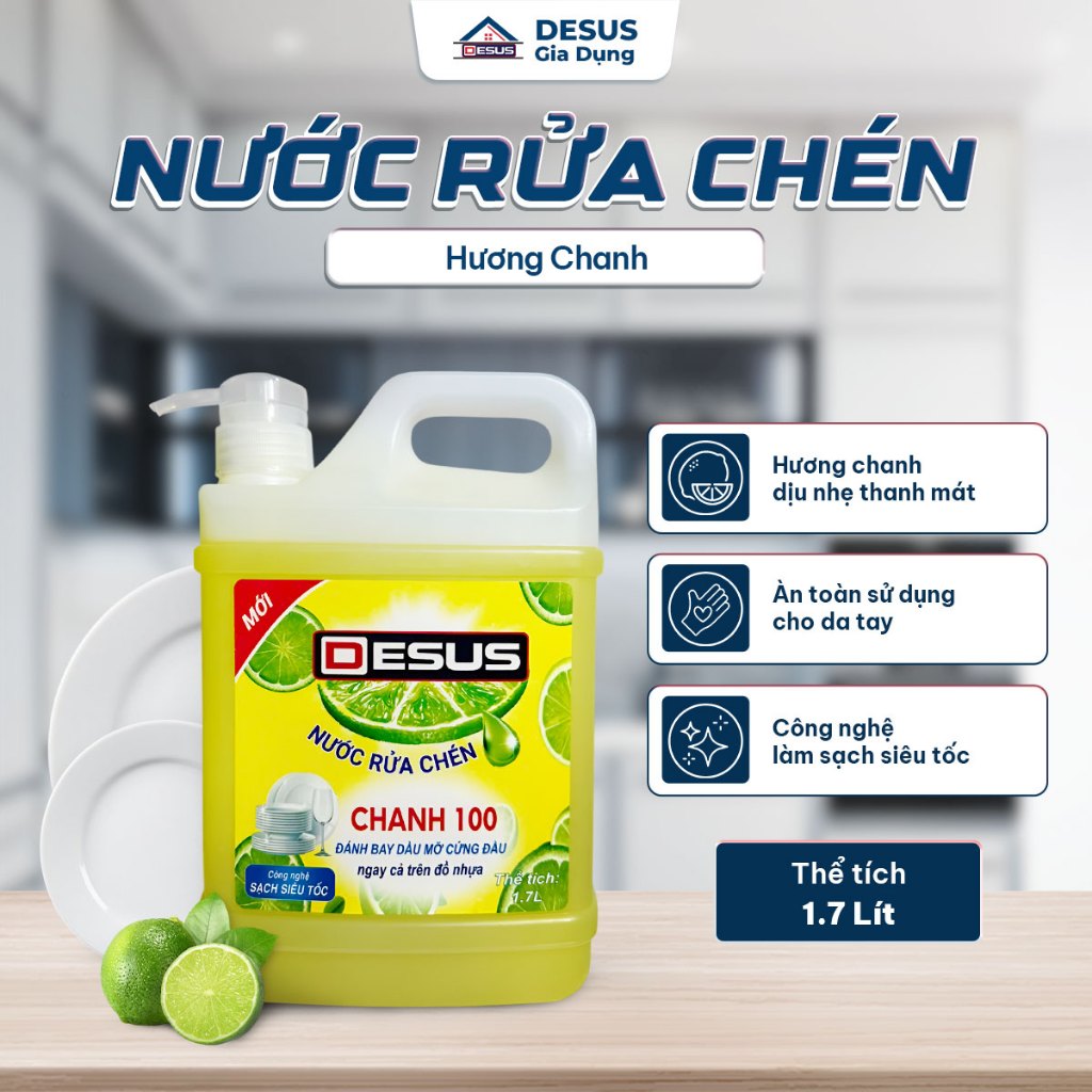 Nước Rửa Chén Desus Hương Chanh 1.7L Can Lớn Nắp Ấn Tiện Dụng, Sạch Dầu Mỡ Nhanh, Thơm Mát Dịu Nhẹ