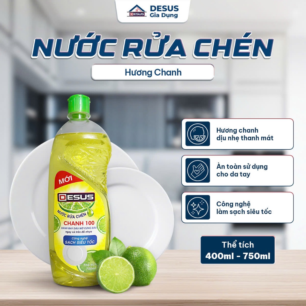 Nước Rửa Chén Desus Hương Chanh (Chai 400ml/750ml) - Sạch Dầu Mỡ, Thơm Mát Dịu Nhẹ, An Toàn Da Tay