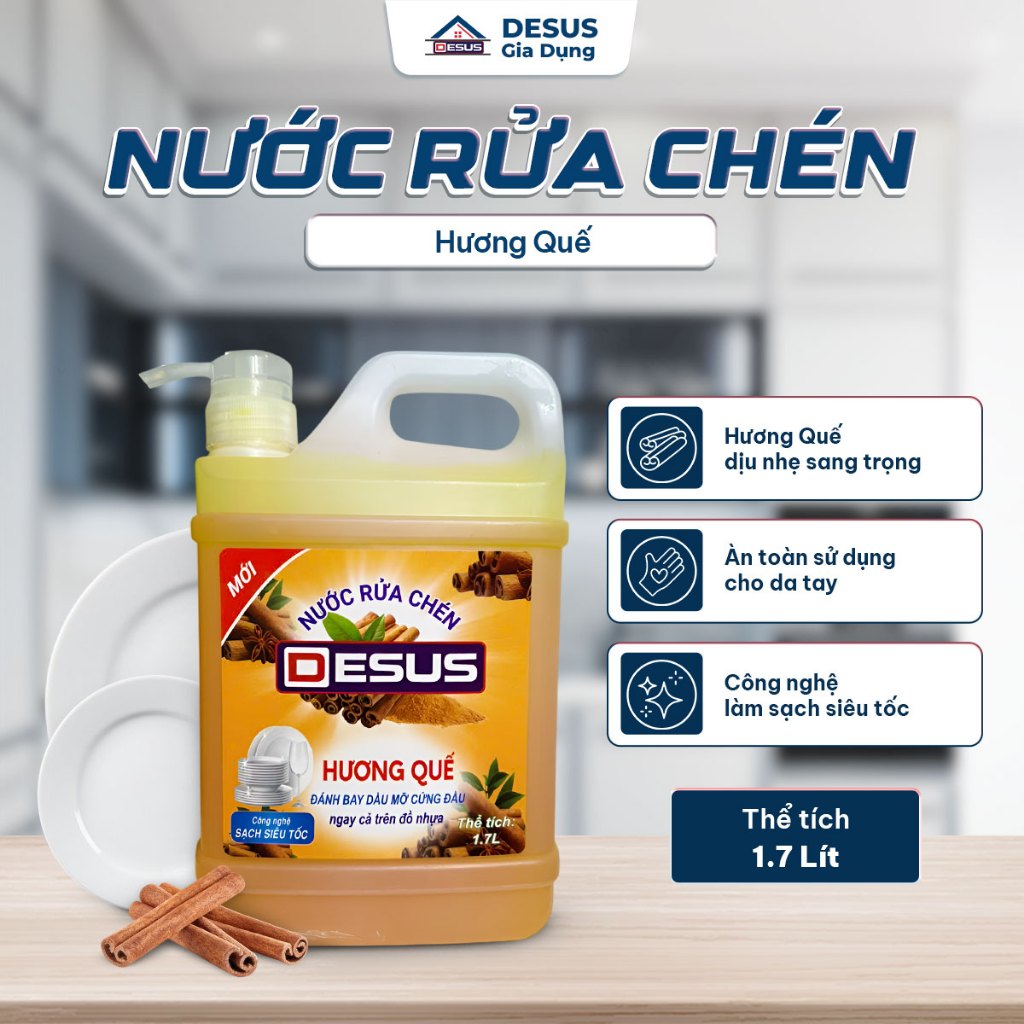 Nước Rửa Chén Desus Hương Quế 1.7L Can Lớn Nắp Ấn Tiện Dụng, Siêu Đậm Đặc, Sạch Dầu Mỡ Nhanh