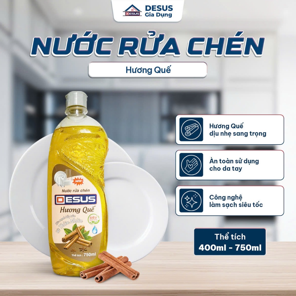 Nước Rửa Chén Desus Hương Quế (Chai 400ml/750ml) Siêu Đậm Đặc, Sạch Dầu Mỡ Nhanh, Dịu Nhẹ Da Tay