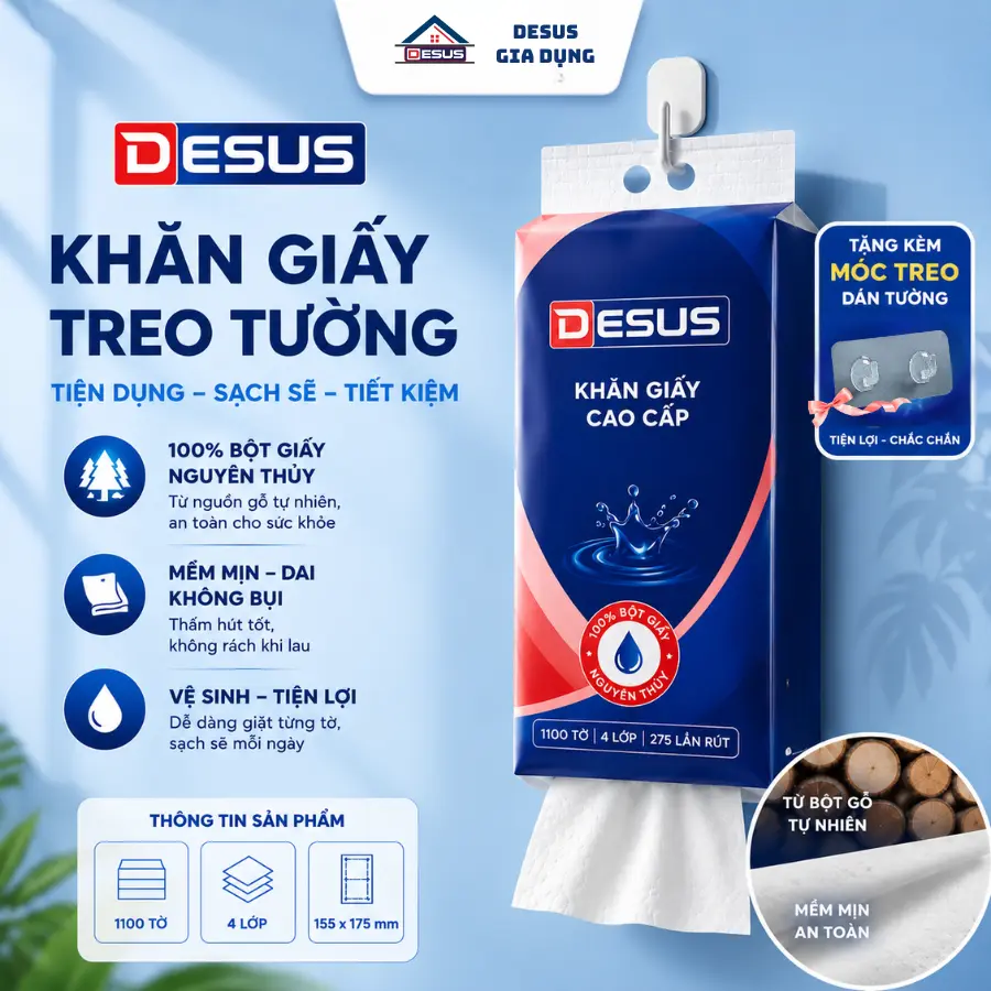 Khăn Giấy Rút Đáy DESUS 1100 Tờ 4 Lớp | 100% Bột Giấy Nguyên Thủy | Mềm Mịn - Dai - Thấm Hút Tốt