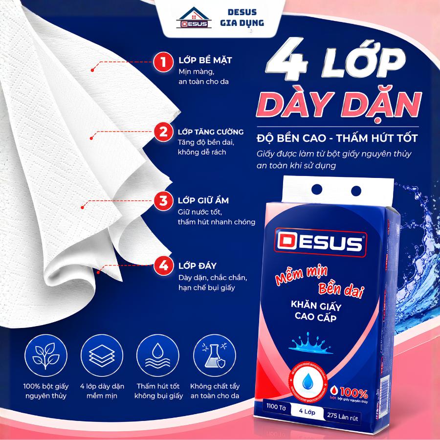 Khăn Giấy Rút Đáy DESUS 1100 Tờ 4 Lớp | 100% Bột Giấy Nguyên Thủy | Mềm Mịn - Dai - Thấm Hút Tốt