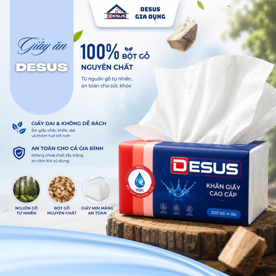 Khăn Giấy Rút Để Bàn DESUS 300 Tờ 4 Lớp | 100% Bột Giấy Nguyên Chất, Mềm Mịn, Thấm Hút Vượt Trội
